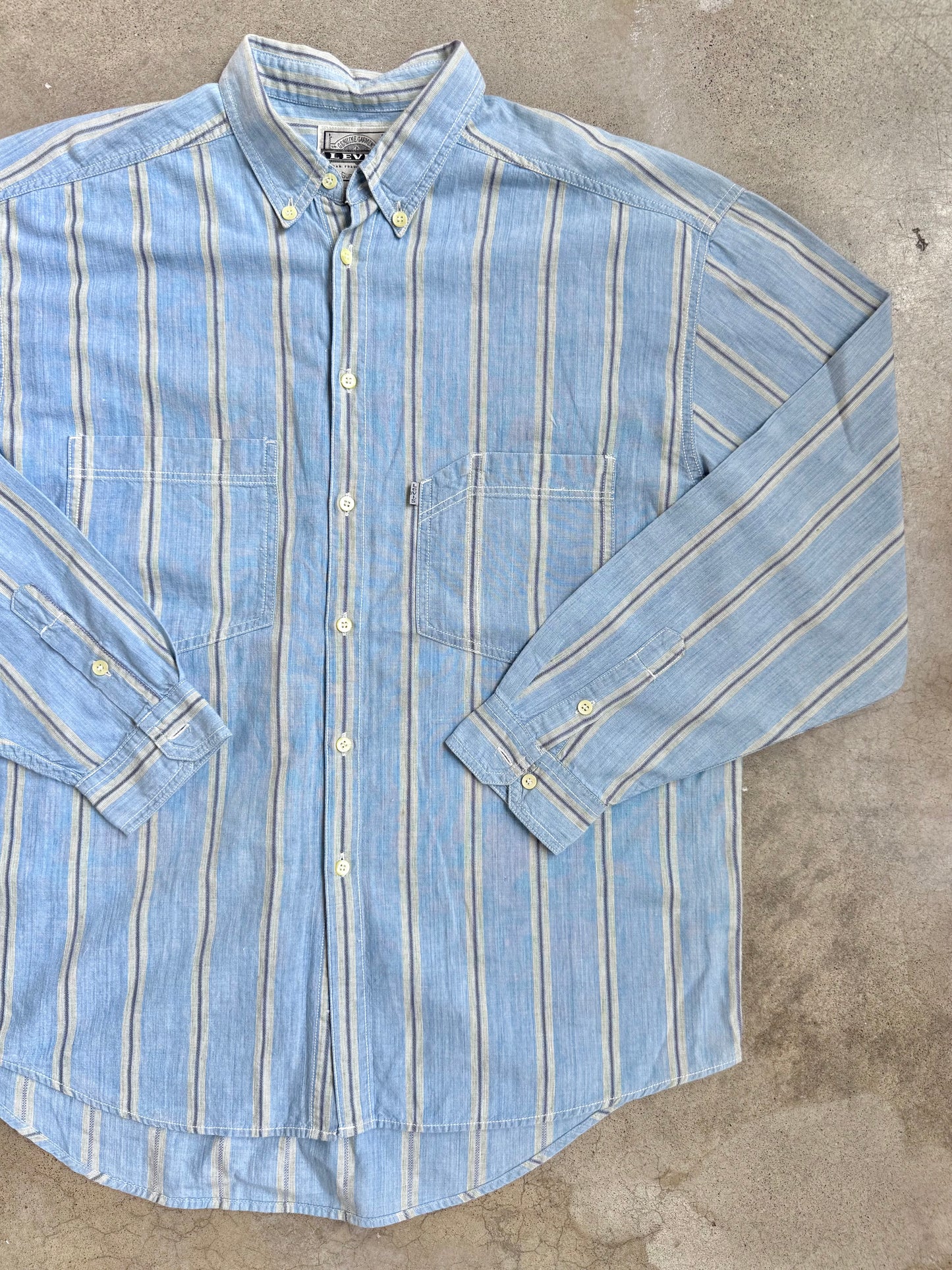 Vintage 1990s Levi’s Blue Striped Cotton Button-Down Shirt | Large