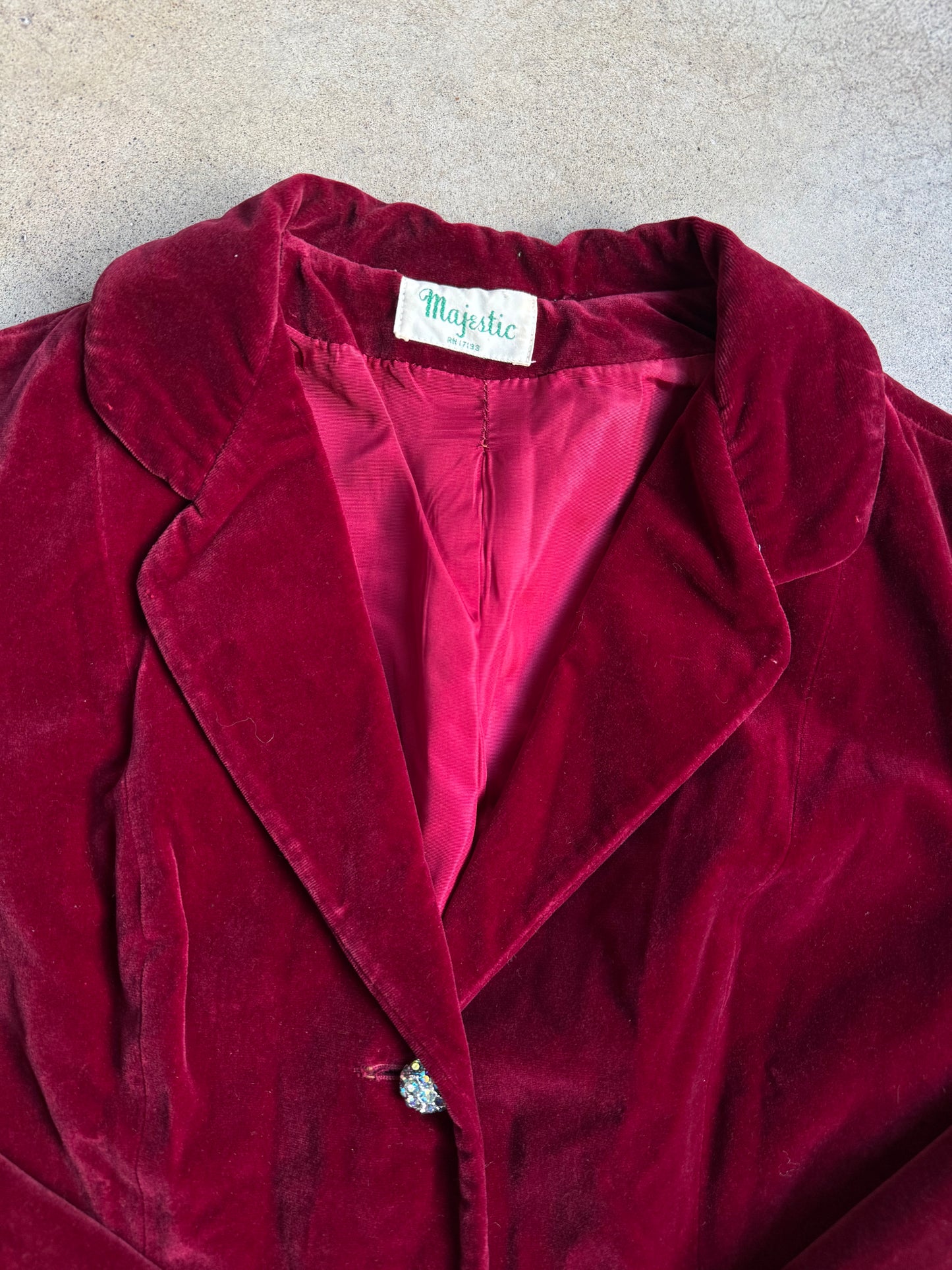 Vintage 1950s Majestic Red Velvet Rhinestone Button Blazer | Small