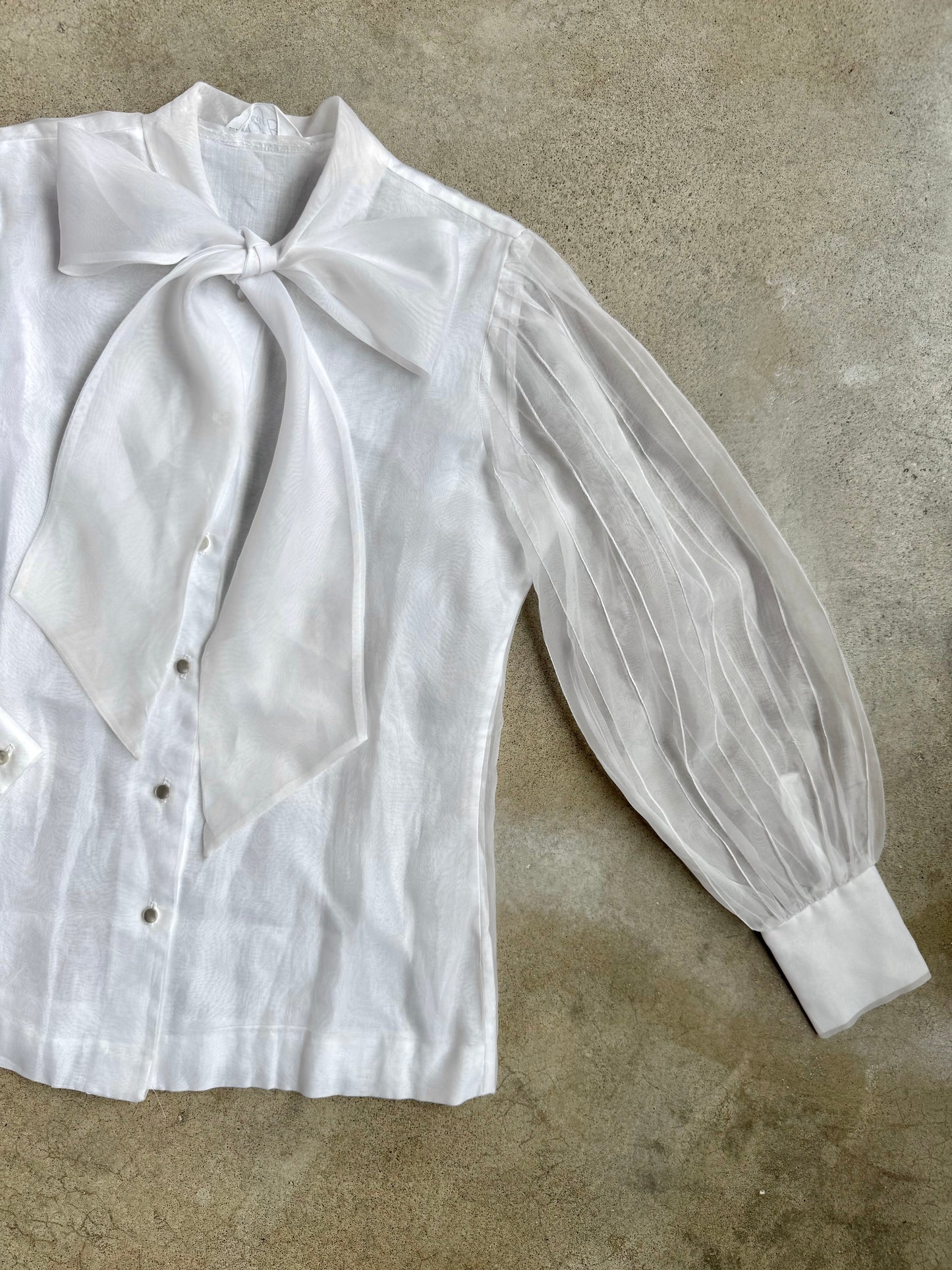 Vintage 1960s Judy Bond White Pussy-Bow Sheer Sleeve Blouse | S/M