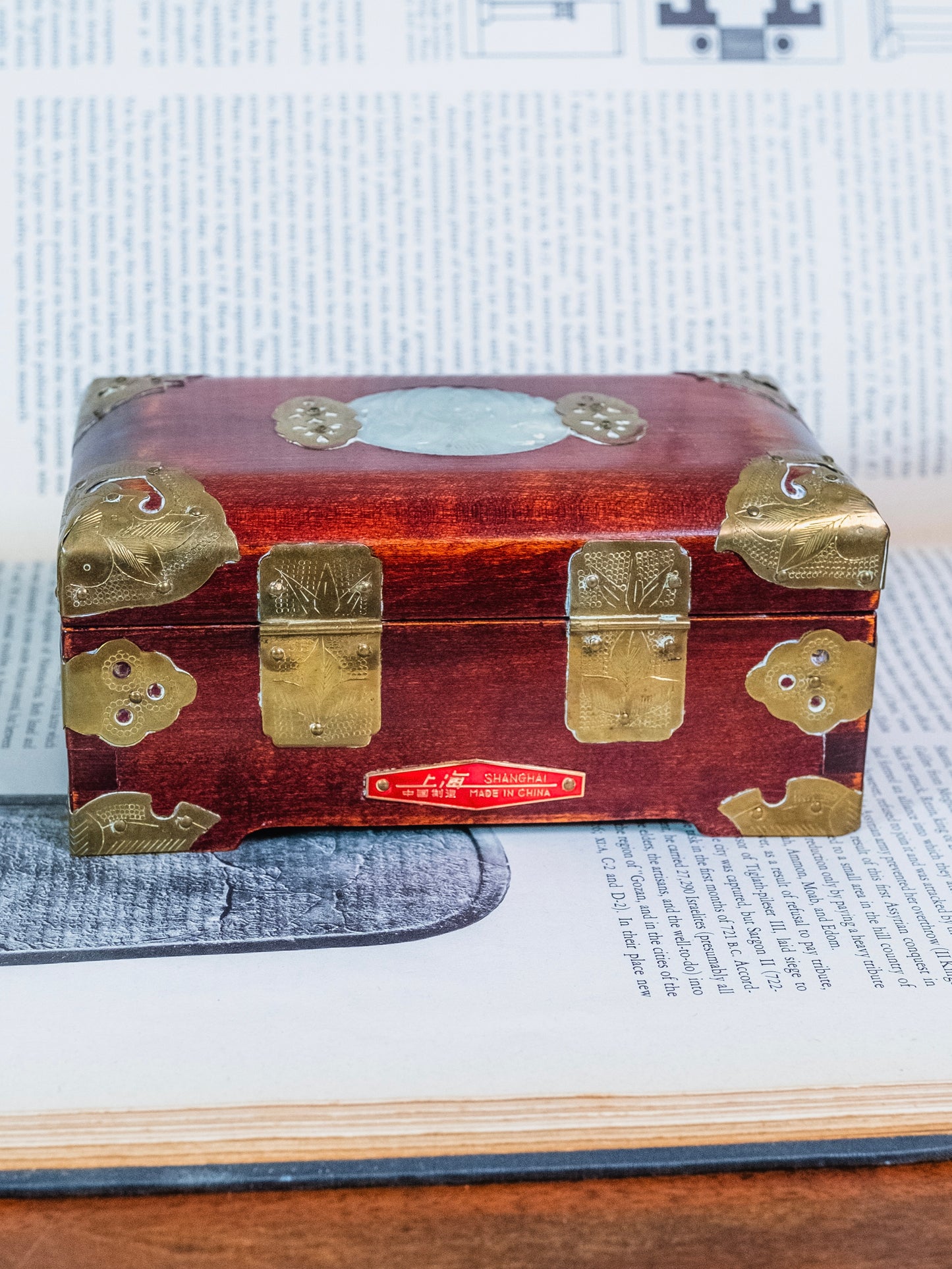 Vintage Wooden Chinese Brass Hinged Jewelry Box