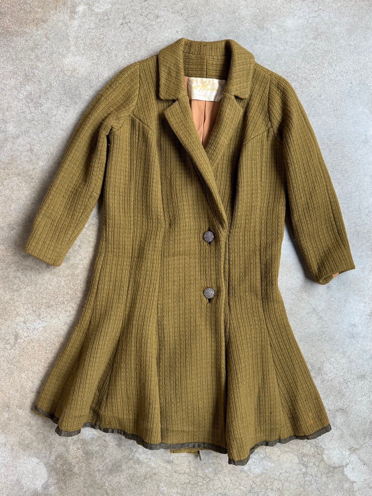 Vintage 1960s The Parisian Olive Green Wool Belted Wrap Coat | Small