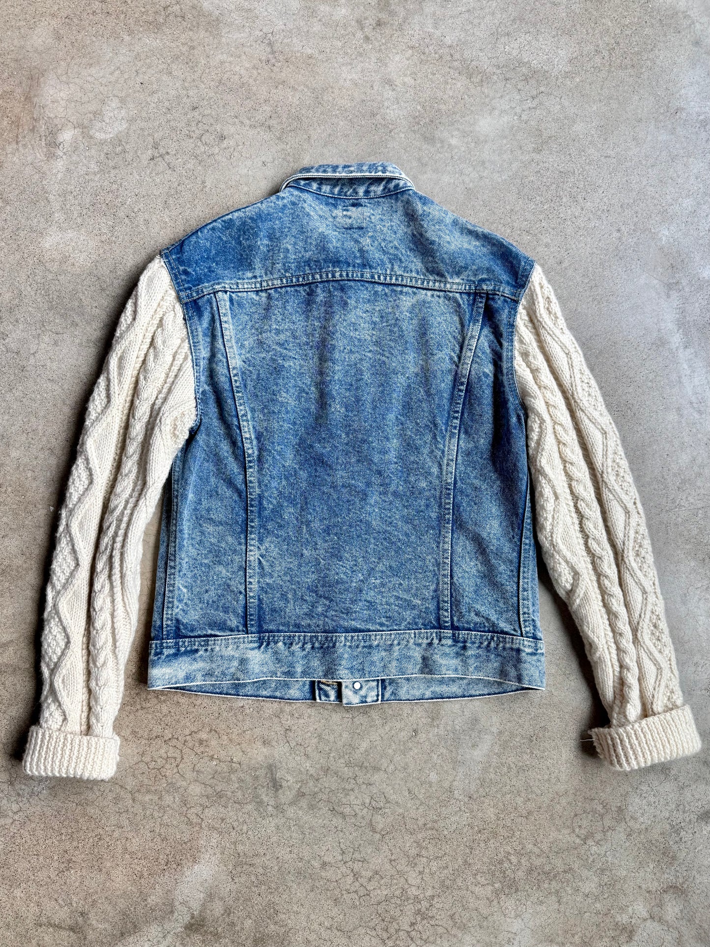 Vintage 1980s Lee Cable Knit Sleeve Denim Jacket | Medium