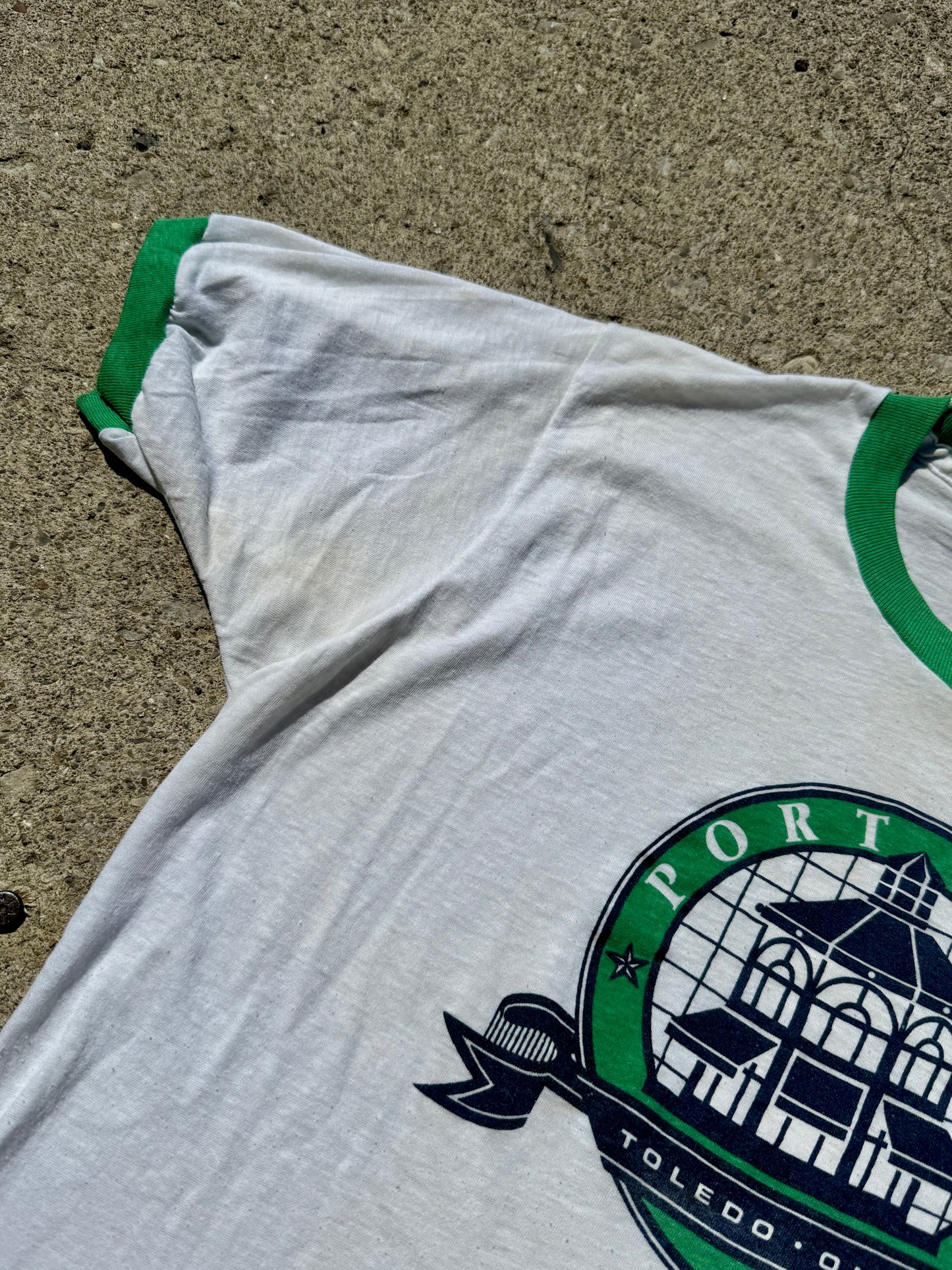 Vintage 1980s Portside Toledo White & Green Ringer Tee | M/L