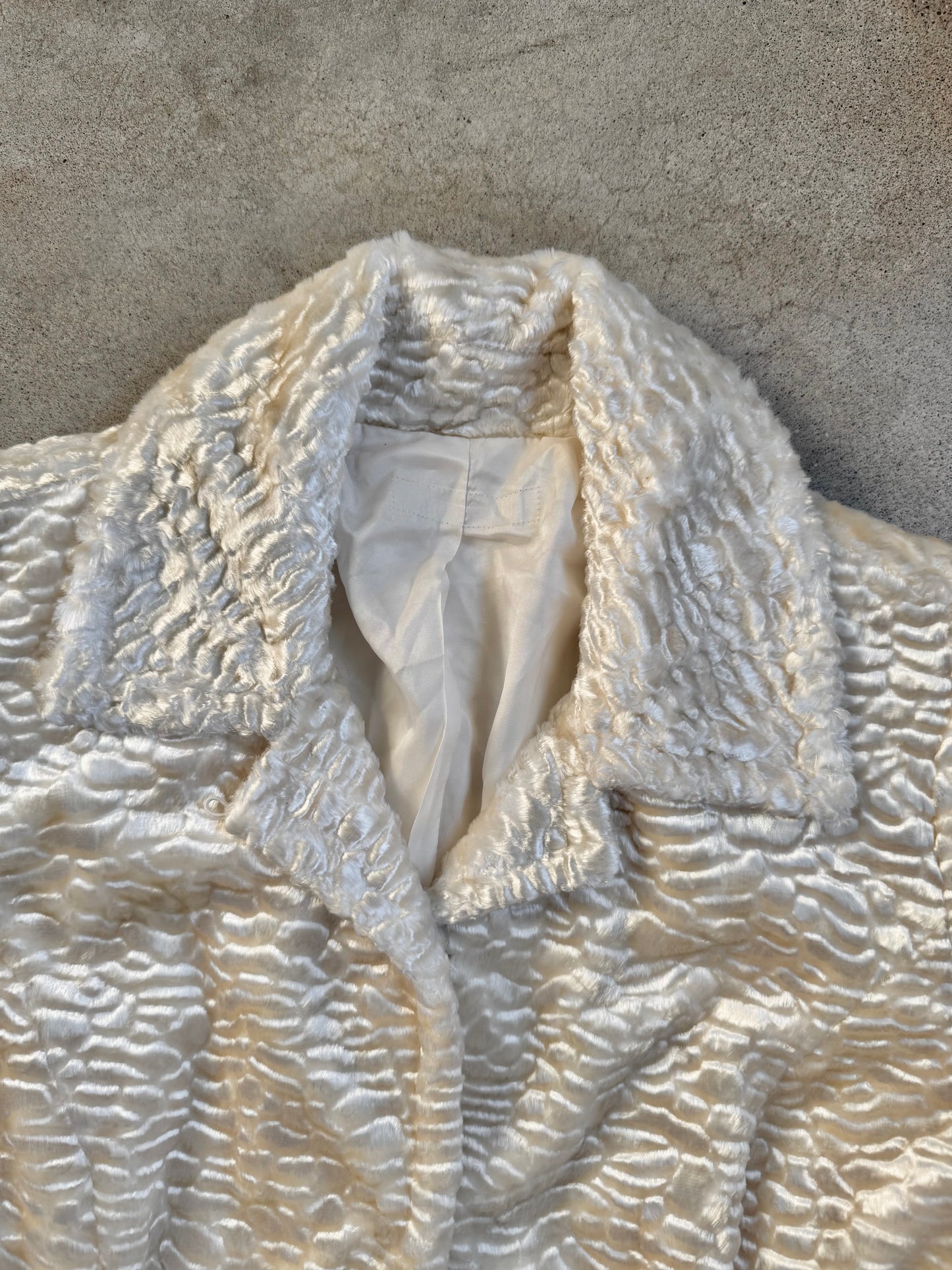 Vintage White Faux Fur Rhinestone Button Jacket | Small