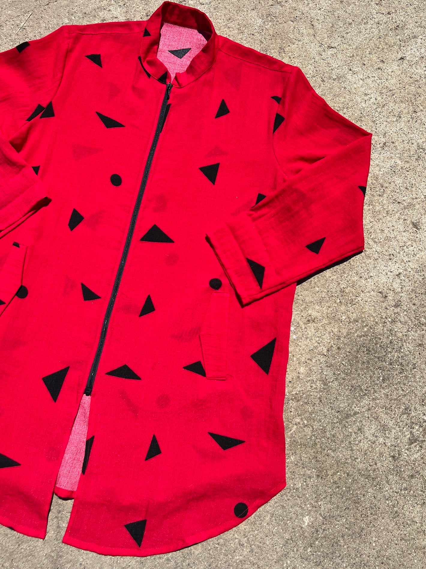 Fridaze Red Geometric Pattern Zip-Up Linen Jacket | L/XL