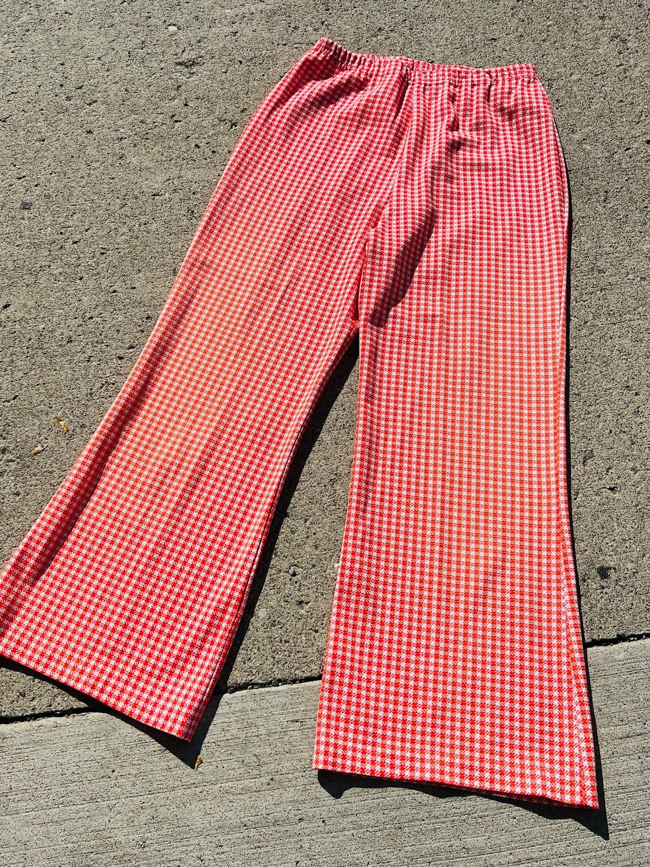 Vintage 1970s Dutchmaid Red Gingham Polyester Flared Pants | Large