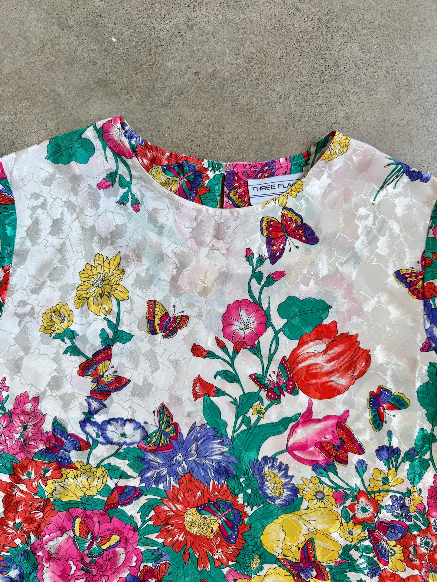 Vintage 1980s Three Flaggs California Floral Butterfly Print Satin Blouse | Medium