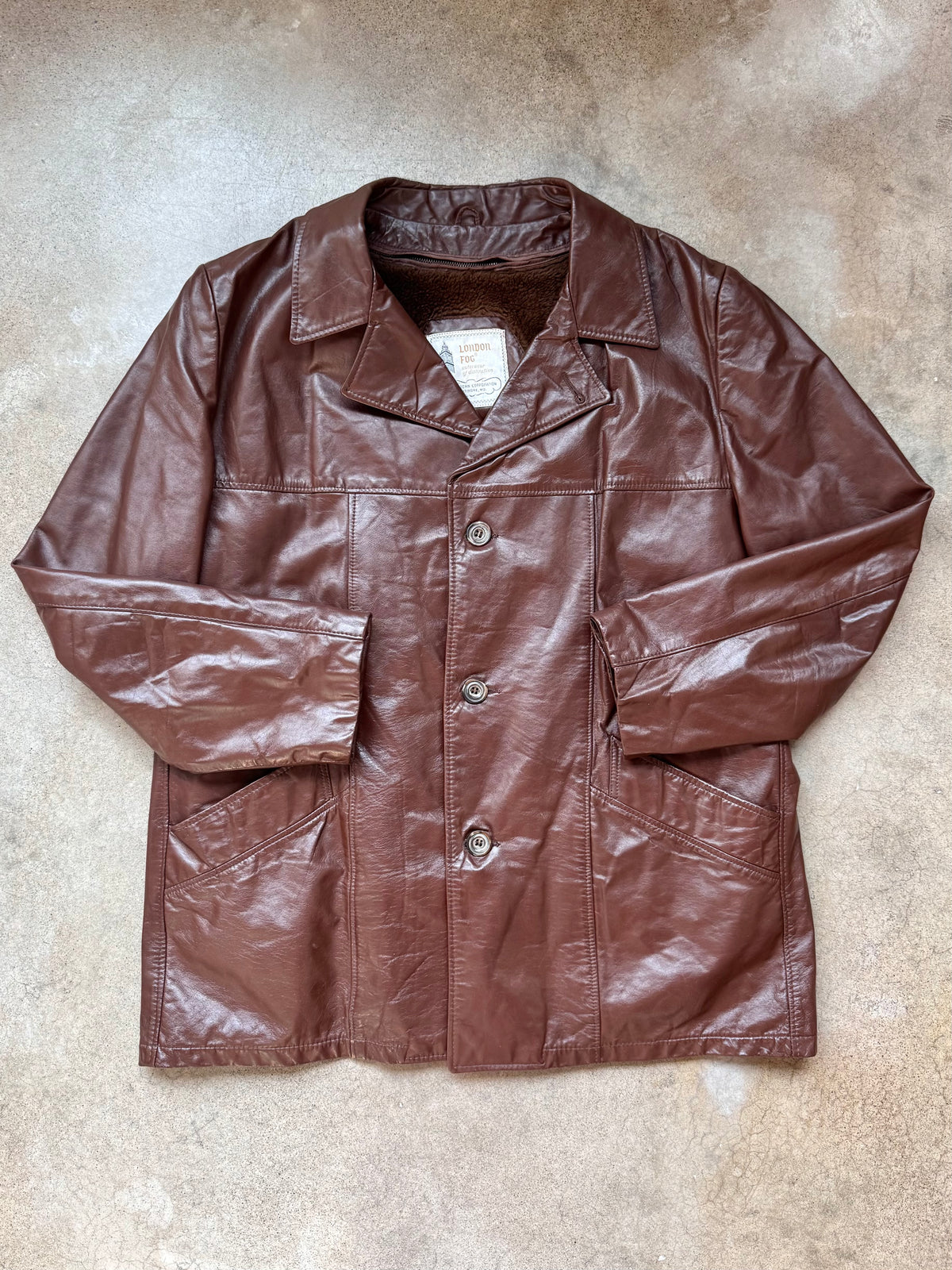 Vintage 1970s London Fog Brown Faux Fur Lined Leather Jacket | 46R