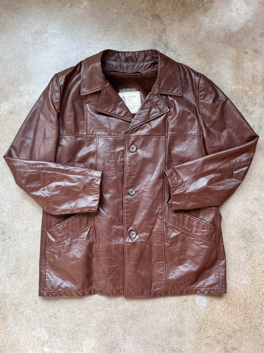 Vintage 1970s London Fog Brown Faux Fur Lined Leather Jacket | 46R