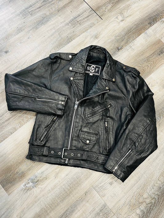 Vintage 1980s Shaf Black Leather Motorcycle Jacket | L/XL