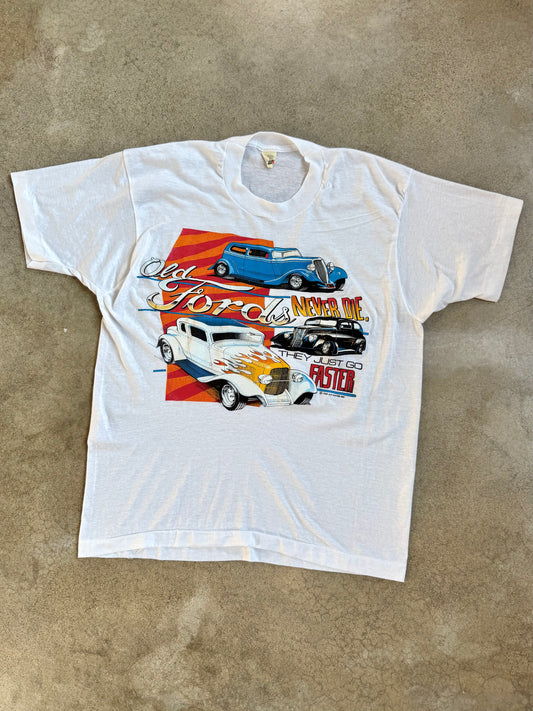 Vintage 1980s Air Waves “Old Fords Never Die” White Graphic Tee | Large