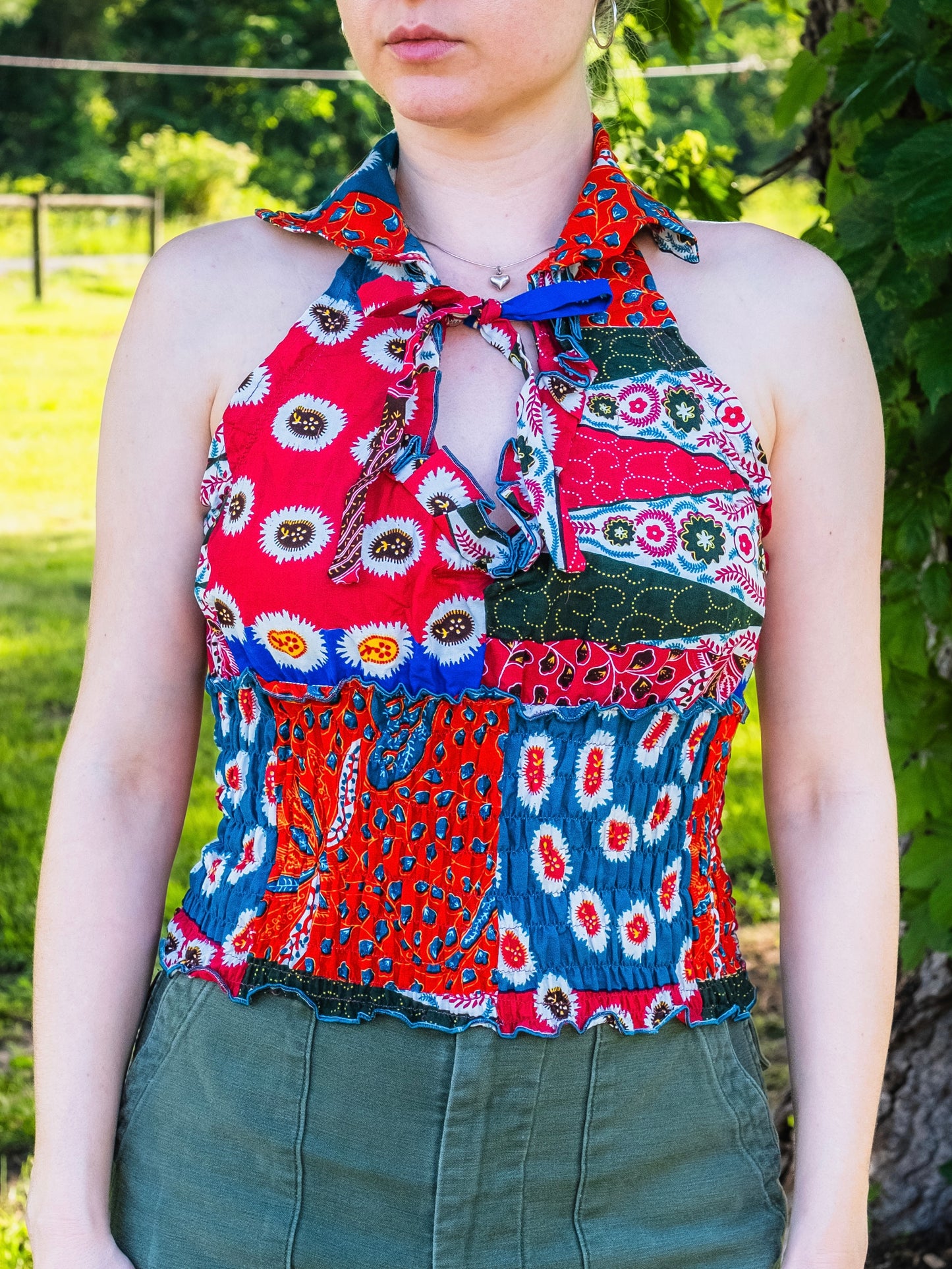 Vintage Handmade Boho Patchwork Shirred Halter Top | S/M