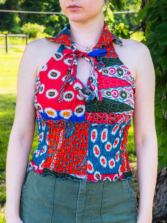 Vintage Handmade Boho Patchwork Shirred Halter Top | S/M
