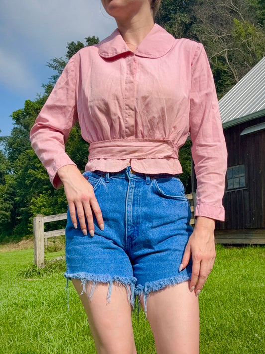 Vintage 1940s Pink Peter Pan Collar Cropped Cotton Blouse | Small