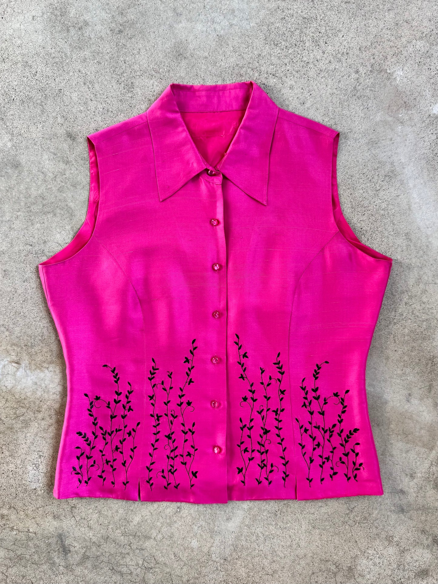 Vintage 1990s Pink Floral Embroidered Sleeveless Silk Blouse | M/L