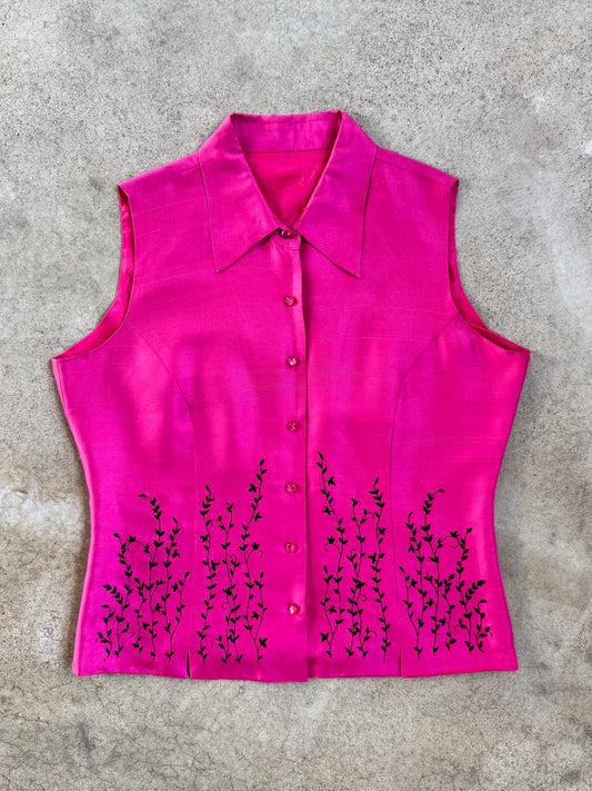Vintage 1990s Pink Floral Embroidered Sleeveless Silk Blouse | M/L