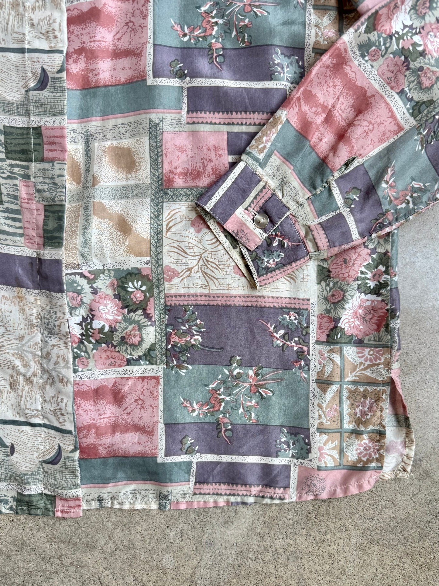 Vintage 1980s Stunt Floral Patchwork Printed Silk Blouse | Medium