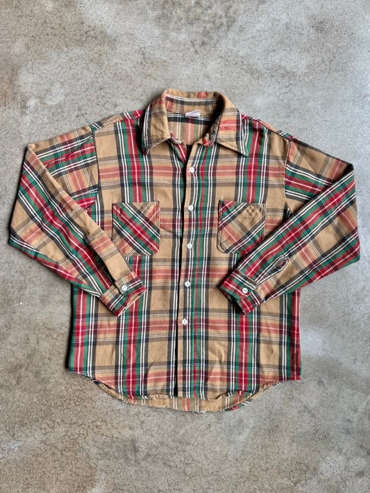 Vintage 1960s Big Mac Tan Plaid Woven Cotton Button-Up Shirt | Medium