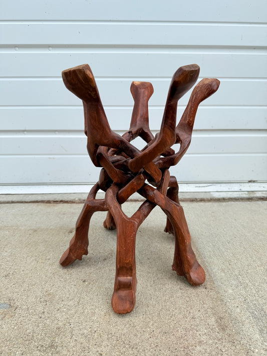 Vintage 1950s Hand-Carved Wood Interlocking 5-Leg Plant Stand