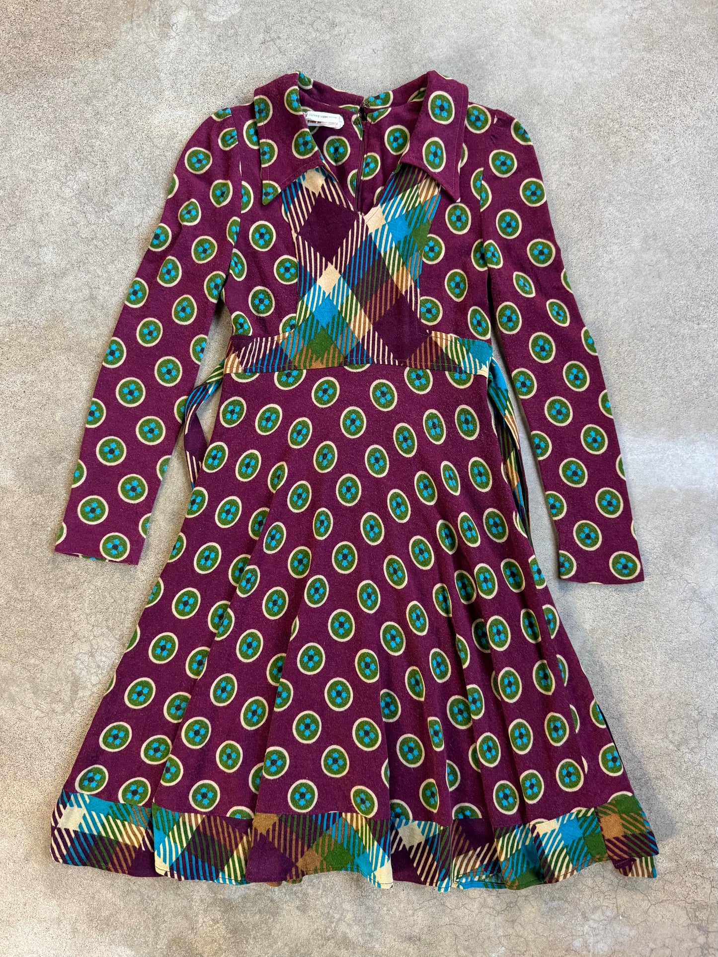 Vintage 1960s Mindy Malone Burgundy Multi-Pattern Collared Dress | XS