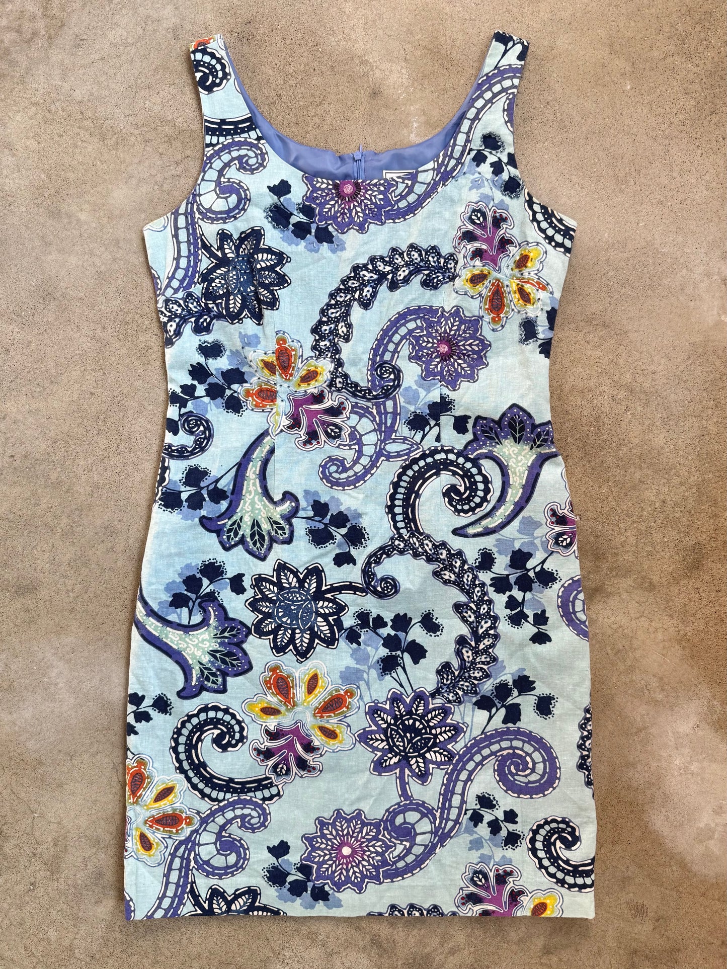 Vintage 1990s Willow Glenn Beaded Floral Linen Sheath Dress | Medium