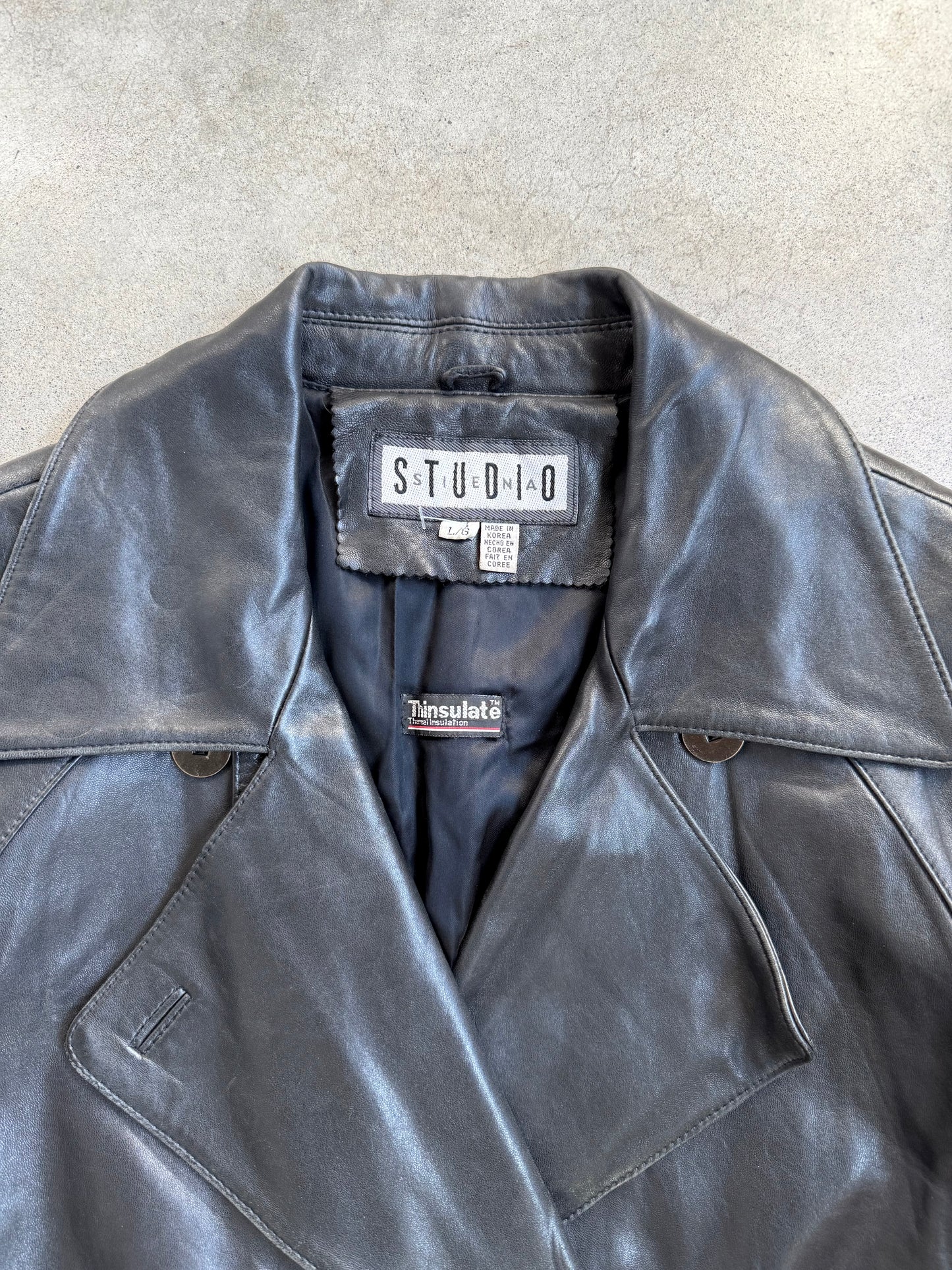 Vintage 1980s Studio Siena Black Leather Double-Breasted Jacket | Large