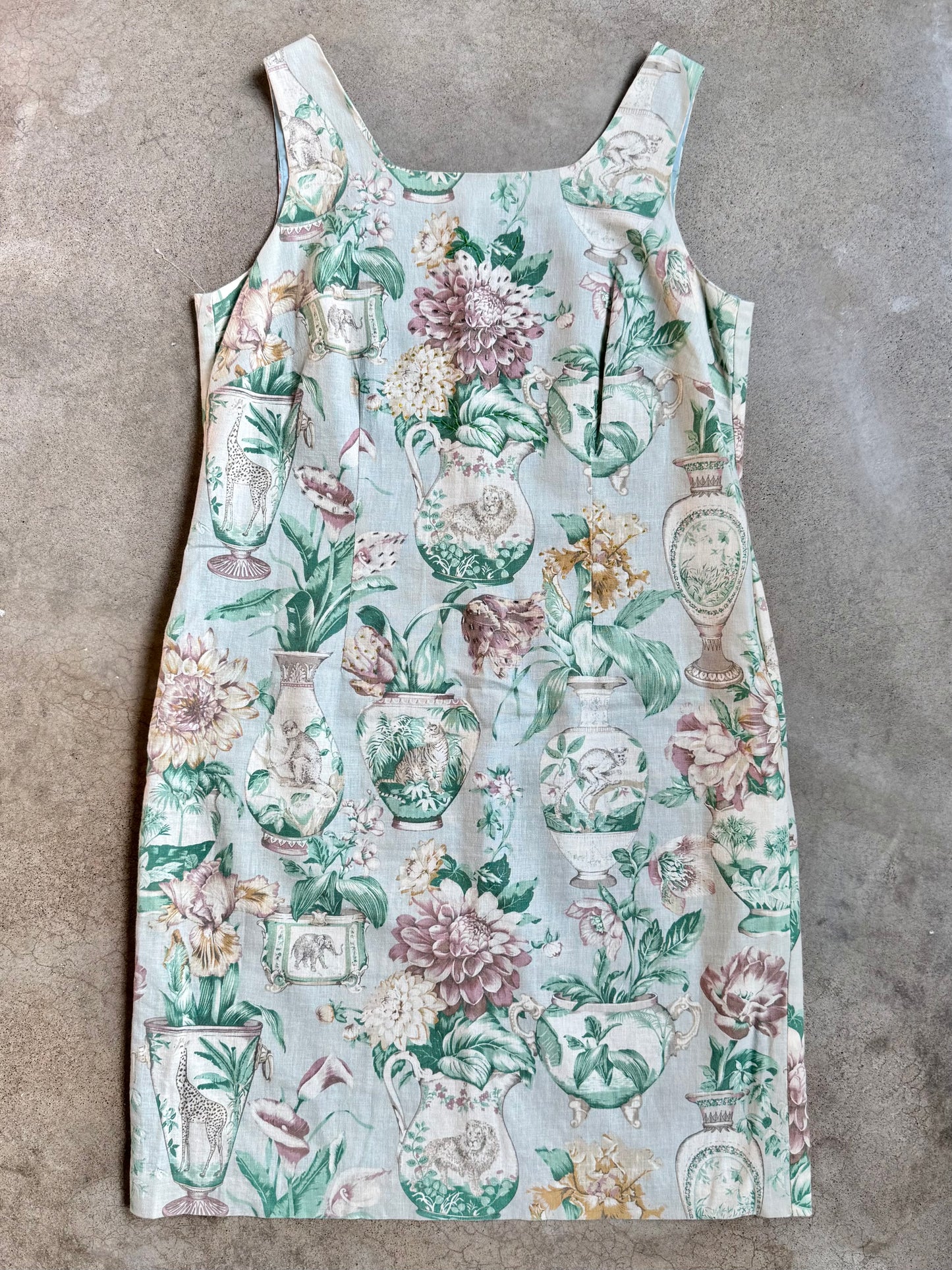 Vintage 1990s Virgo Beaded Chinoiserie-Style Botanical & Safari Animal Print Sheath Dress | XL