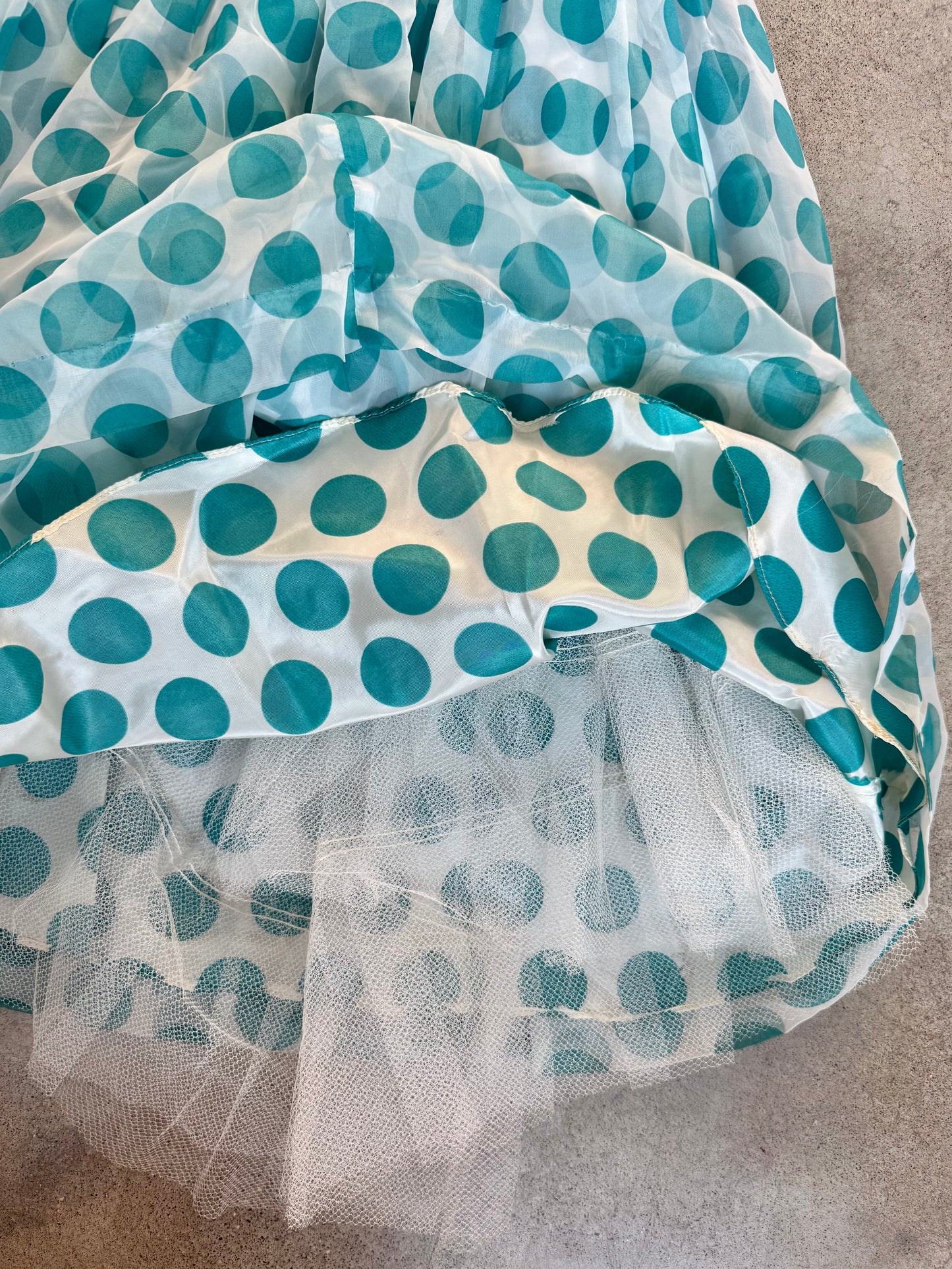 Vintage 1950s Teal Polka Dot Short Sleeve Fit & Flare Swing Dress | Medium