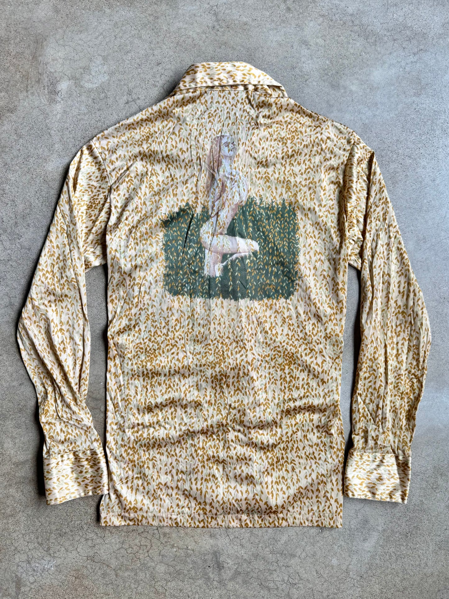 Vintage 1970s Chesa Boutique “Garden Goddess” Leaf Printed Disco Shirt | Medium