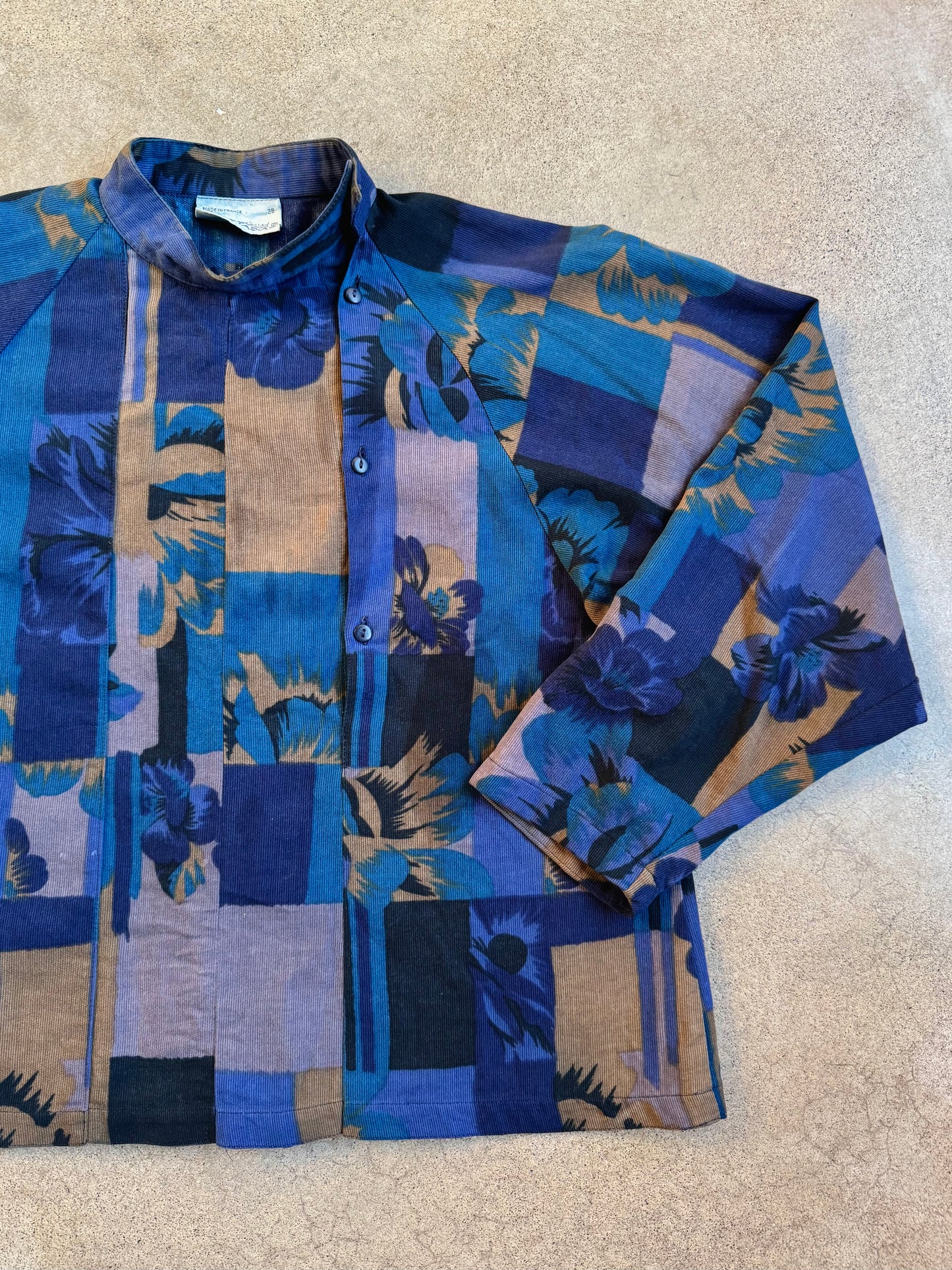 Vintage 1960s François Viannay Anastasia Blue Floral High-Neck Blouse | S/M