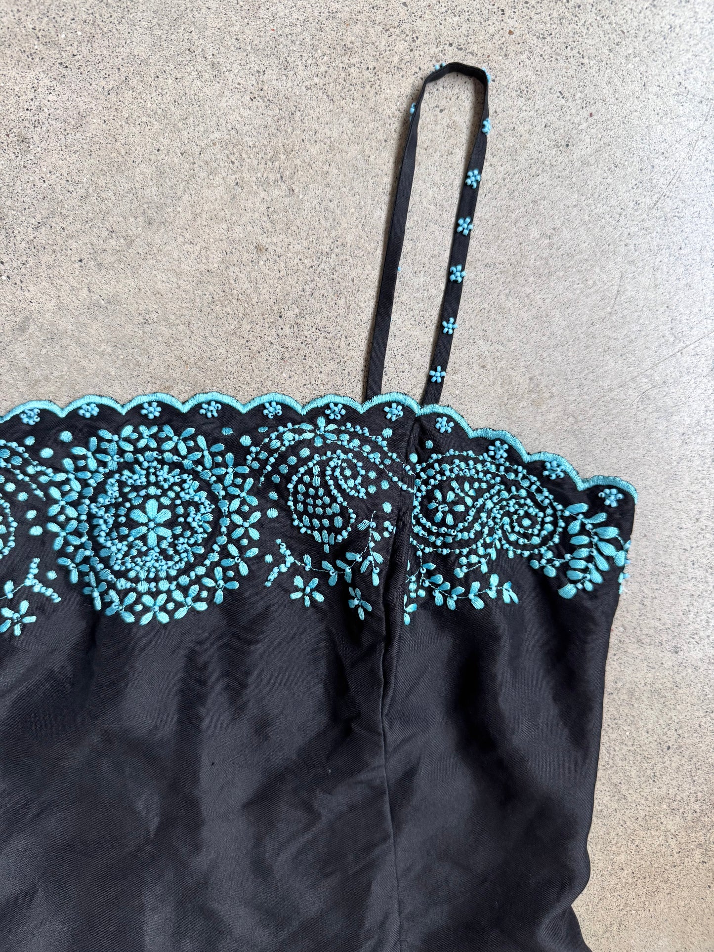 2000s Ann Taylor Black & Blue Embroidered Floral Beaded Silk Dress | XS