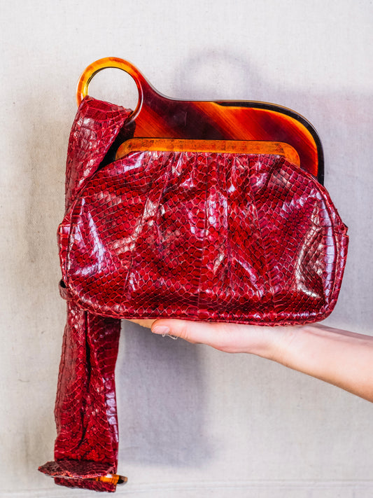 Vintage 1940s Deitsch Red Genuine Snakeskin & Bakelite Handle Bag