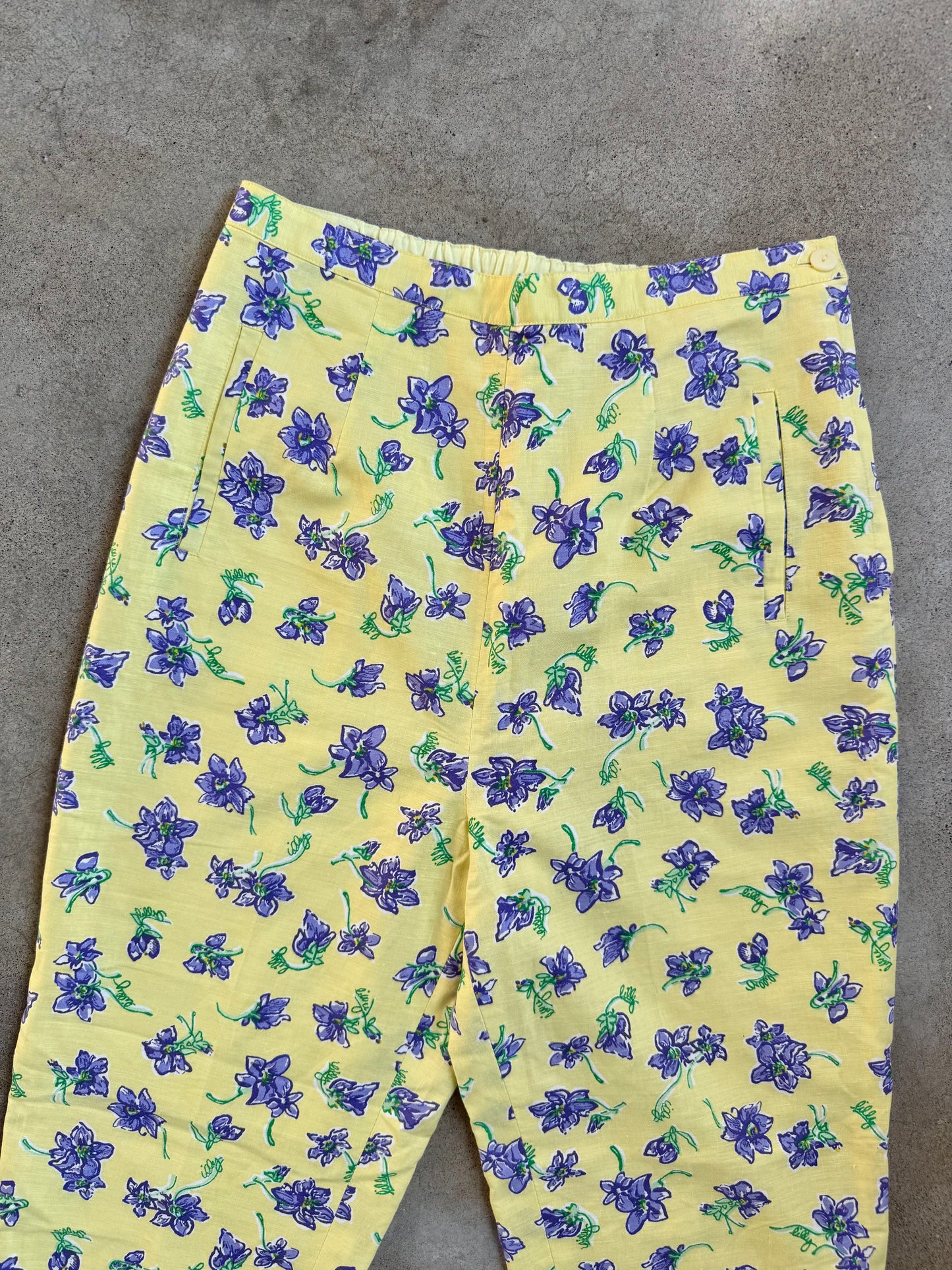 Vintage 1990s Lilly Pulitzer Yellow & Purple Floral High-Waisted Linen Pants | 8