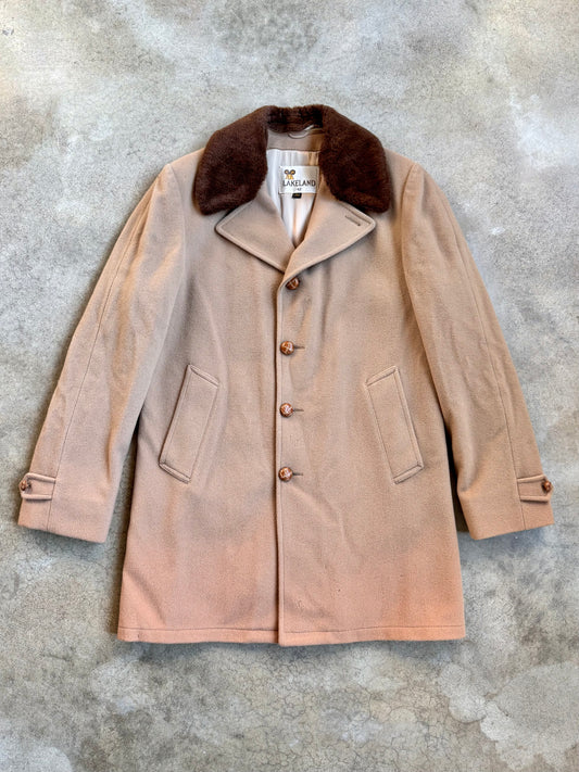 Vintage 1960s Lakeland Tan Wool Faux Fur Collar Coat | 42L