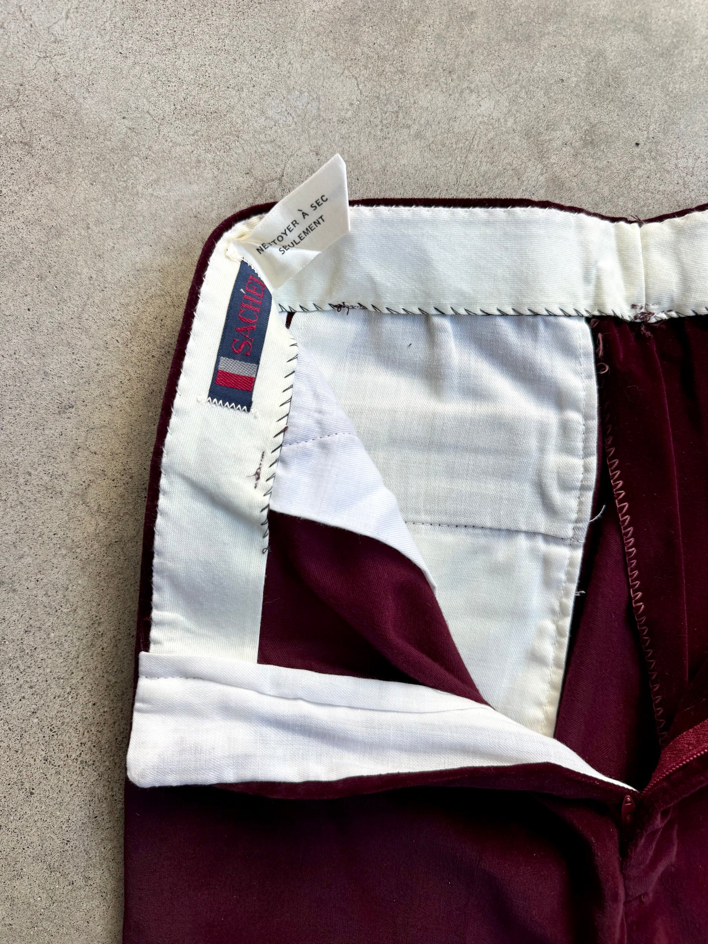 Vintage 1970s Sachel Burgundy Velvet High-Waist Trousers | Waist 28”