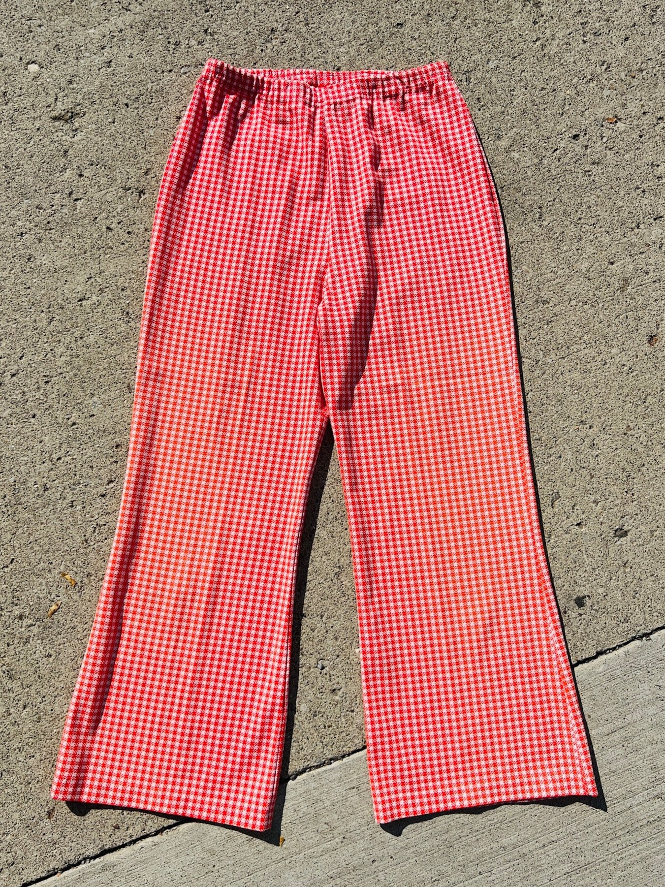 Vintage 1970s Dutchmaid Red Gingham Polyester Flared Pants | Large