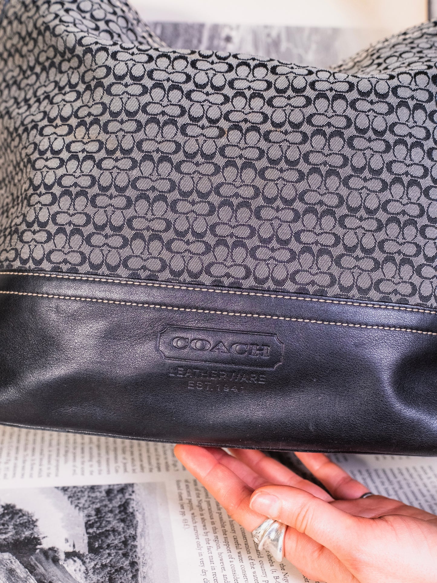 2000s Coach Black & Grey Signature Hobo Shoulder Bag | Style No. F11666