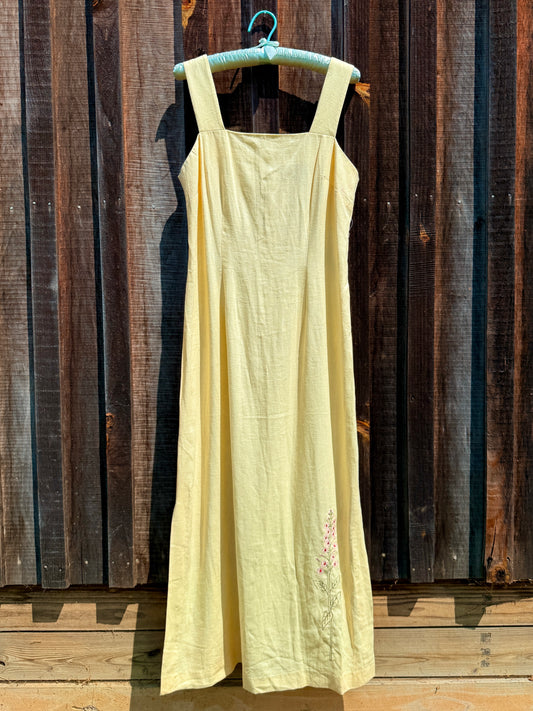 Vintage 1980s Virgo II Yellow Floral Embroidered Linen Maxi Dress | Large