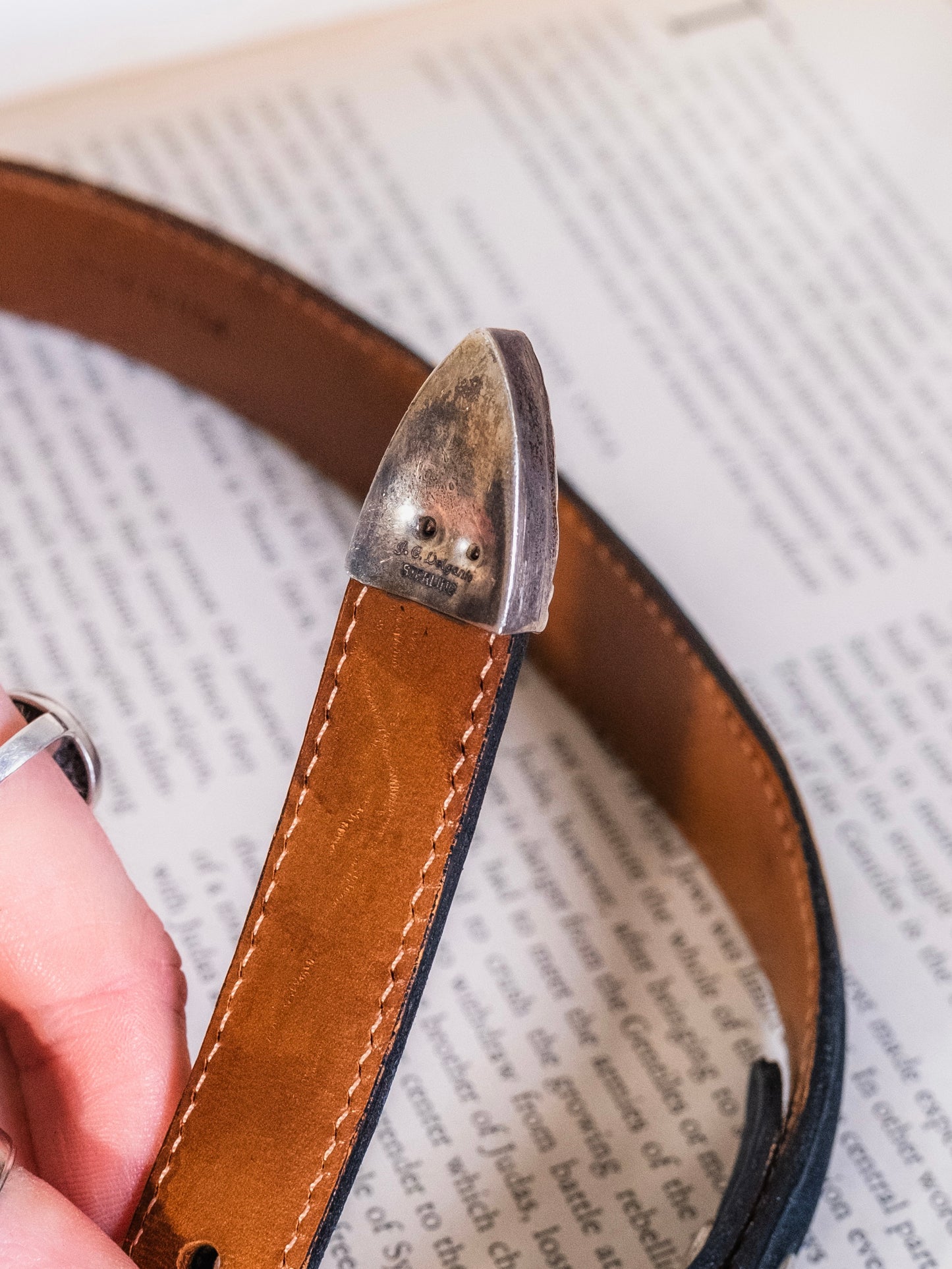 Vintage 1990s Lucchese Black Calf Leather J.C Delgarito Navajo Sterling Buckle Belt | 28/70