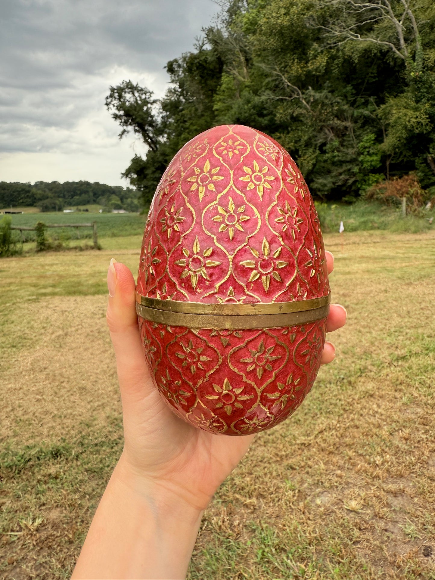 Vintage 1950s/60s Cloisonné Solid Brass Red Etched Egg Canister & Holder