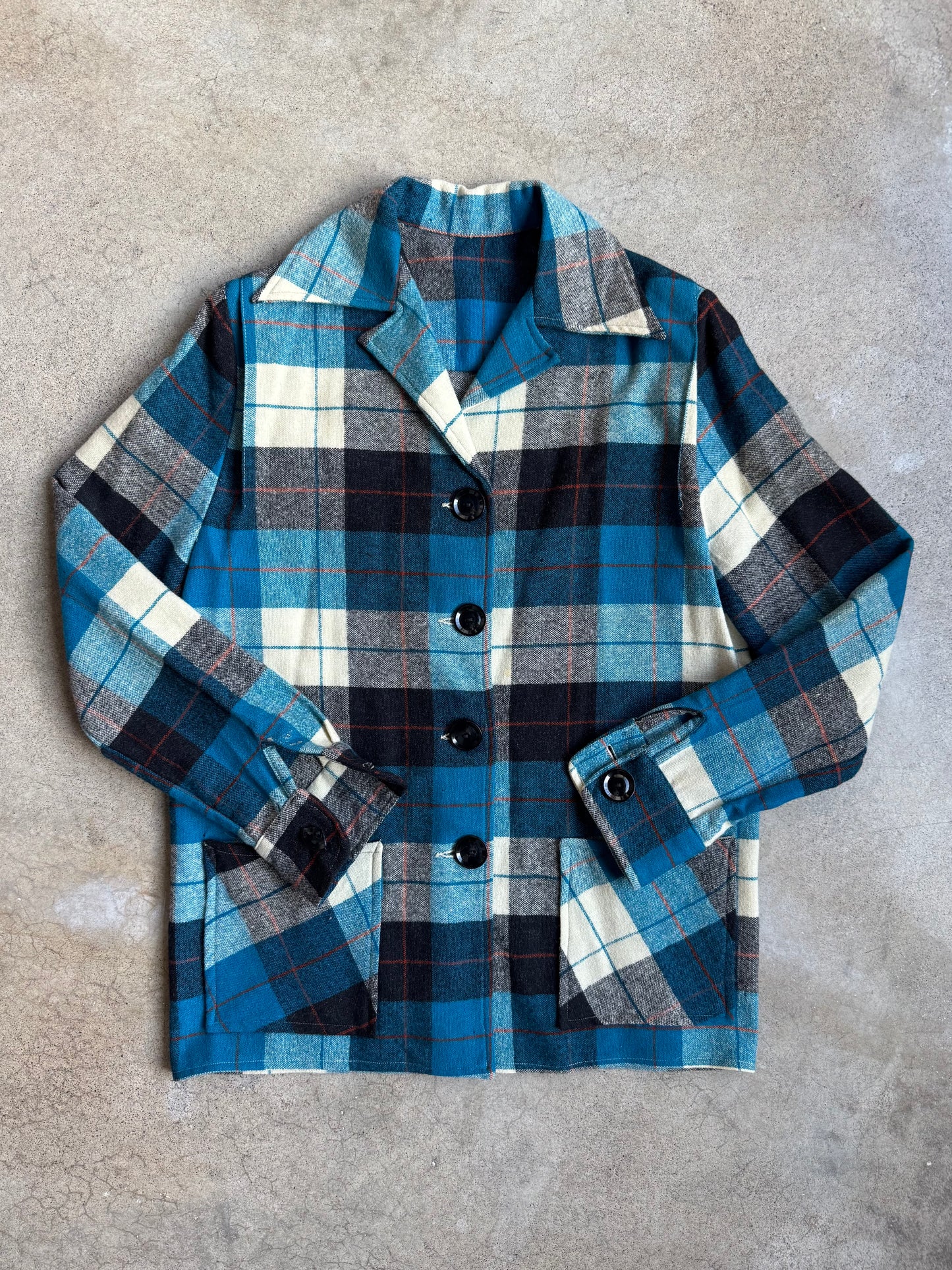 Vintage 1940s Blue & White Plaid Wool Button-Up Shirt Jacket | Small