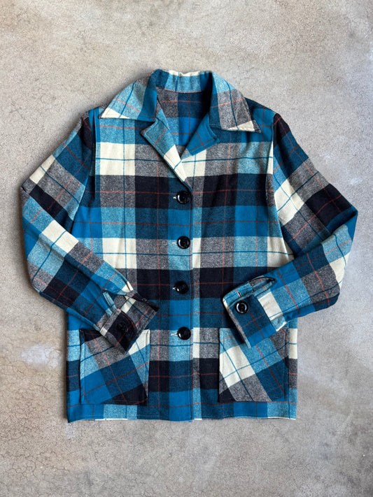 Vintage 1940s Blue & White Plaid Wool Button-Up Shirt Jacket | Small
