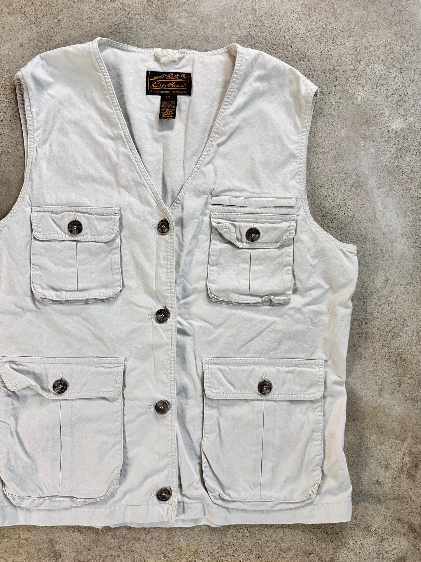 Vintage 1990s Eddie Bauer Beige Cotton Utility Cargo Vest | Large