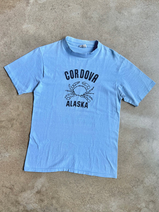 Vintage 1980s Cordova Alaska Blue High-Neck Graphic Tee | Medium