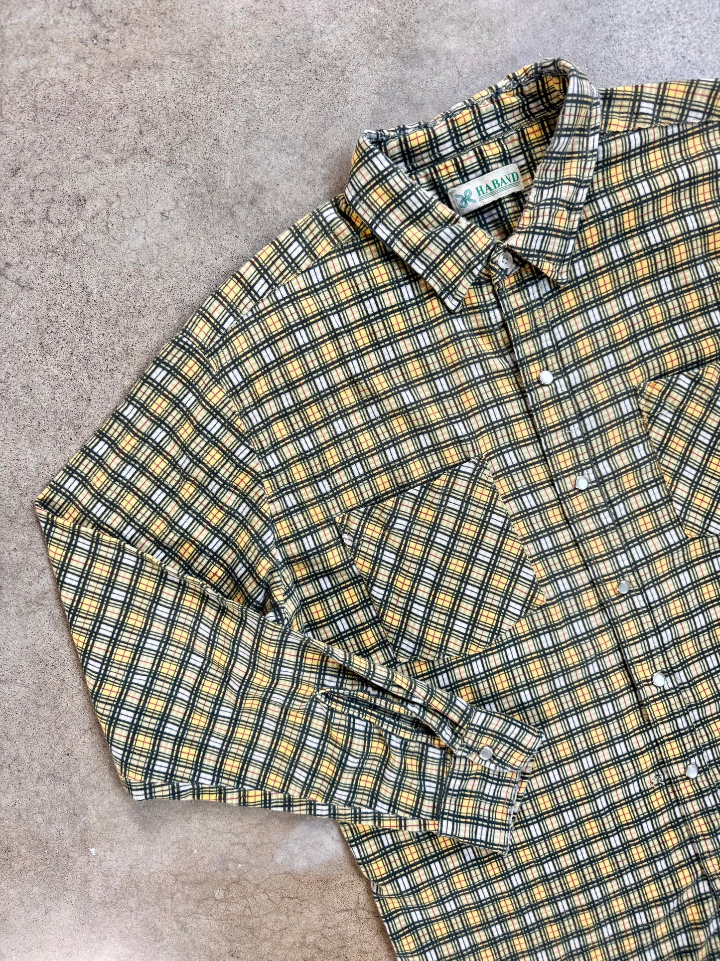 Vintage 1980s Haband Yellow Plaid Pearl Snap Shirt | Large
