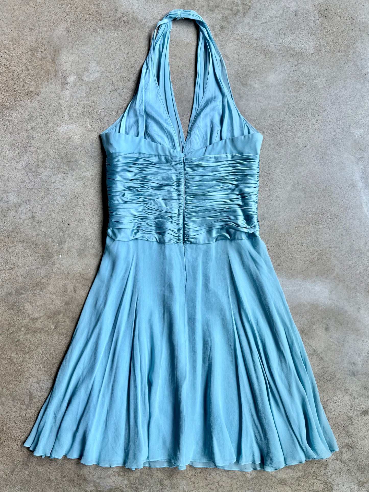 Vintage 1990s Maggy London Baby Blue Silk Halter Dress | Large