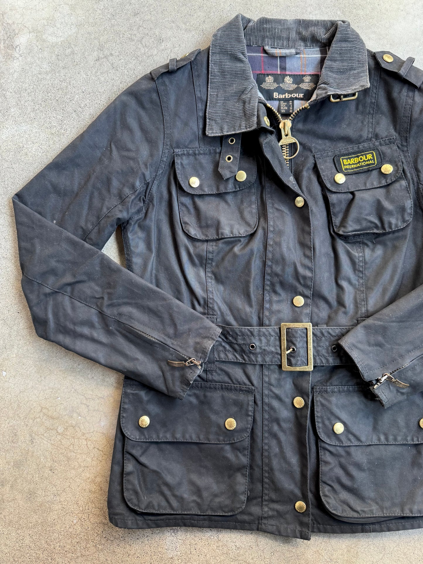 Vintage Style Barbour Black Waxed Cotton Belted Utility Jacket | S/M