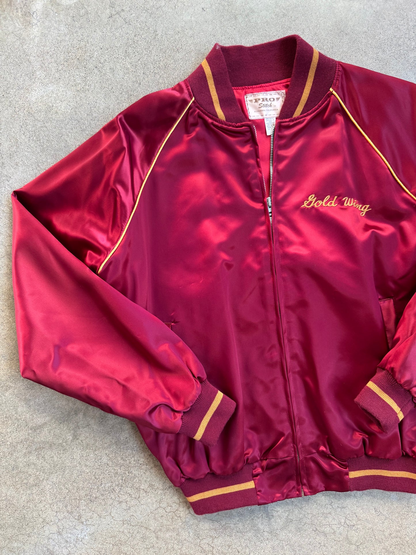 Vintage 1970s Burgundy "Gold Wing" Racing Satin Bomber Jacket | Large