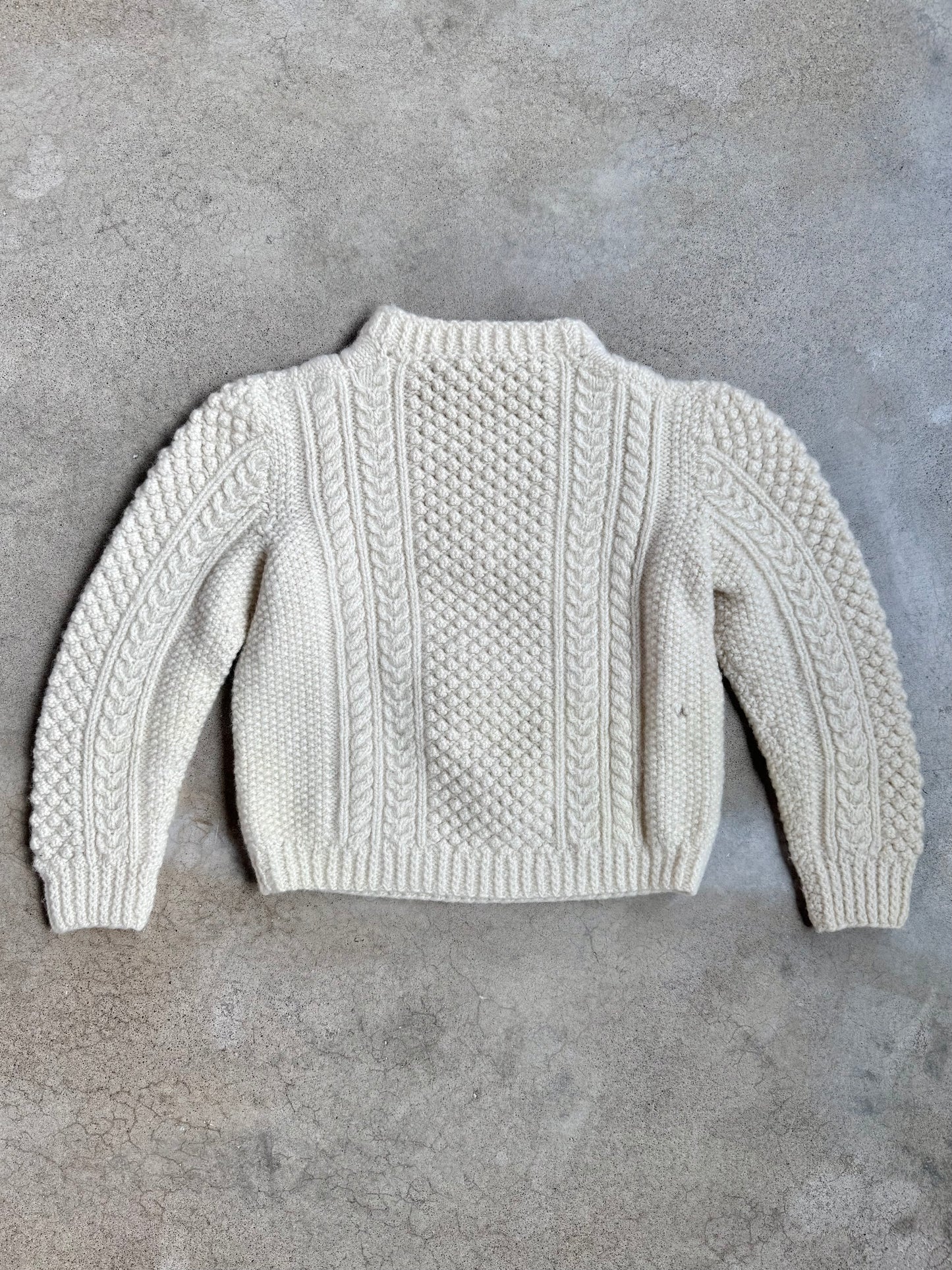 Vintage 1960s Handmade Cream Wool Irish Aran Knit Sweater | Youth L
