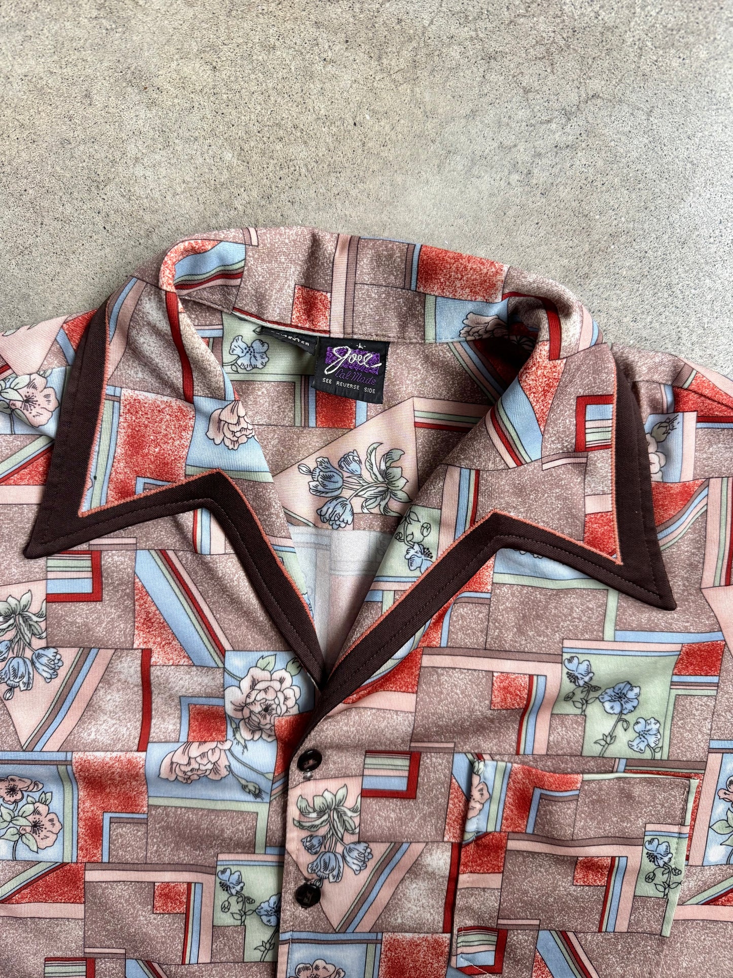 Vintage 1970s Joel Cal-Made Geometric Floral Short Sleeve Shirt | Large
